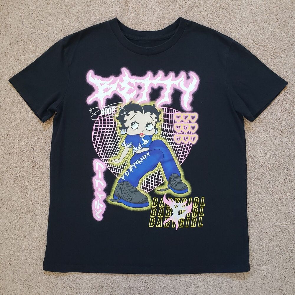 Betty Boop Graphic Tee Anime Style Baby Girl Flames Gothic Grunge Black Size S